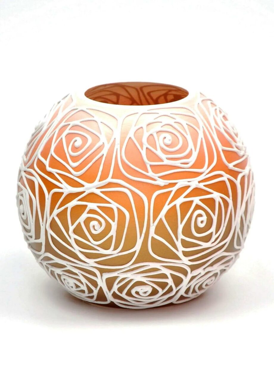 Handpainted Glass Vase for Flowers | Painted Orange Art Glass Round Vase | Interior Design Home Room Decor | Table vase 6 inch